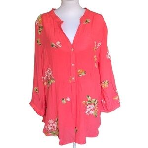 Hope Springs Pink Embroidered Spring Summer Lightweight Gauzy Top Sz L